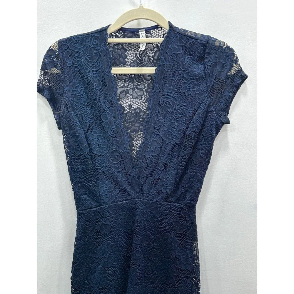 Lucy In The Sky Womens Size XS Blue Lace Overlay Mini‎ Dress Wedding Prom Sheer